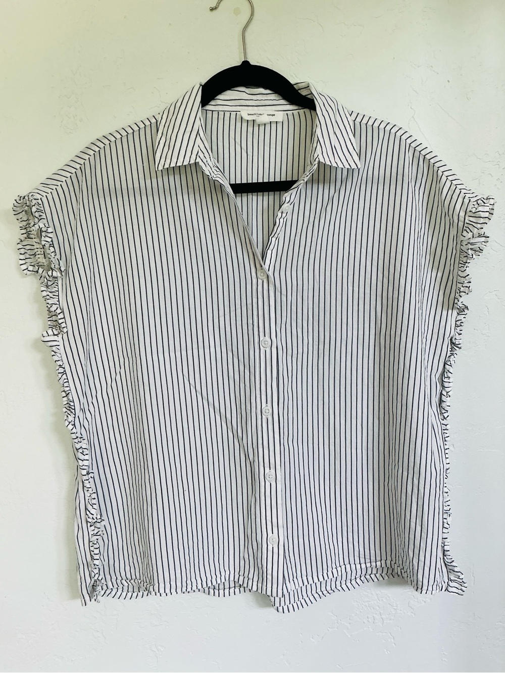 Beachlunchlounge Striped Button-Up Shirt with Ruffle Trim — Navy & White